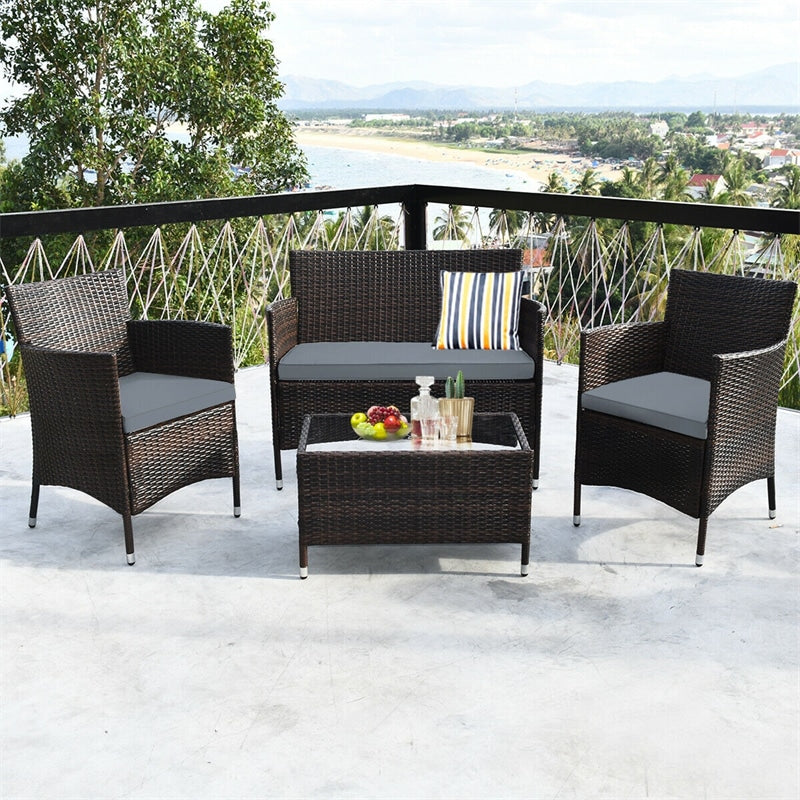 4 Pcs Outdoor Rattan Patio Conversation Set Wicker Furniture Set with Coffee Table and Cushion Sofas
