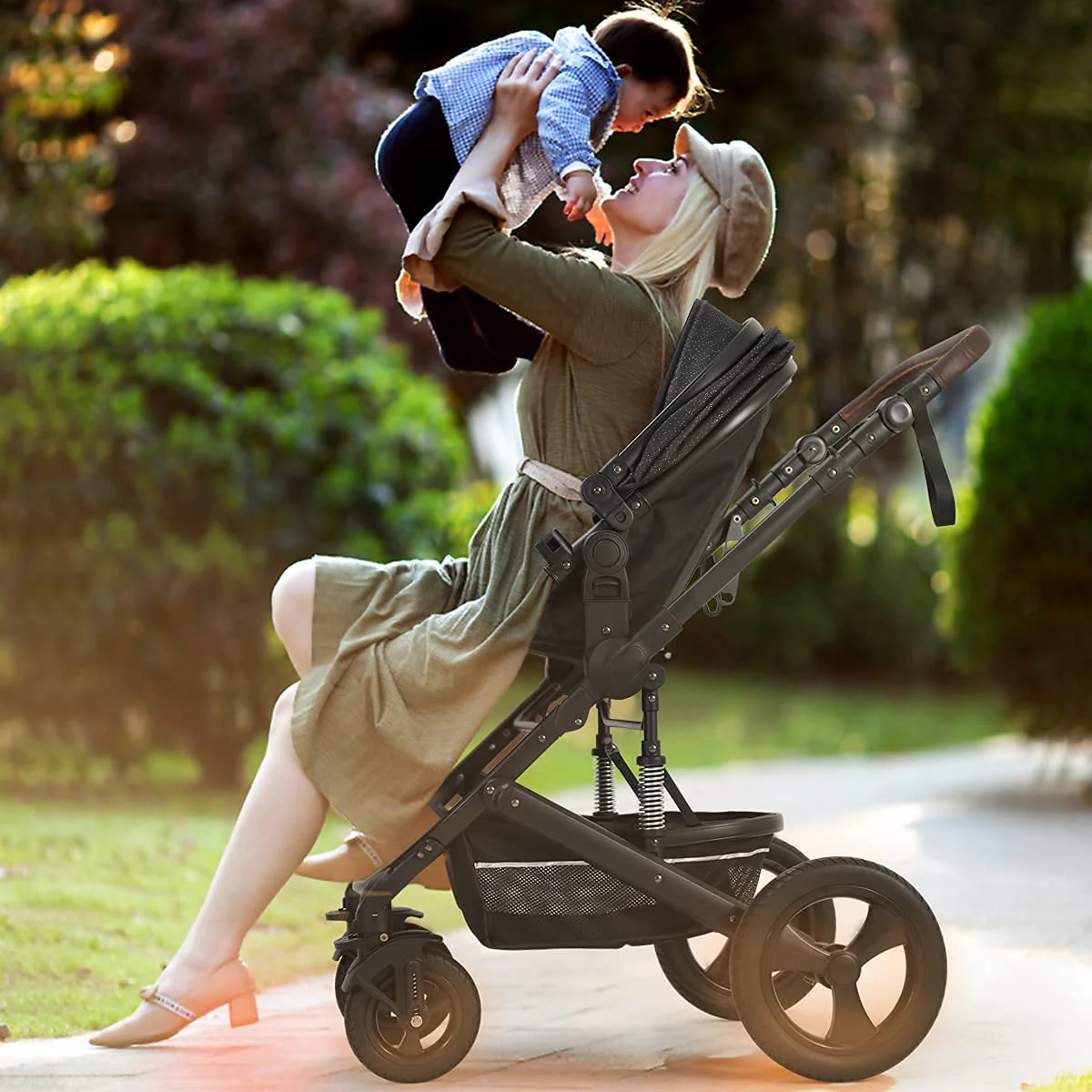 Kinderwagen für Neugeborene und Kleinkinder – Cynebaby 2-in-1 Hochformat, umwandelbar, umkehrbar, stoßfest, Stubenwagen, Kinderwagen, Kinderwagen, mit Getränkehalter, Fußsack und Wickeltasche (grün)