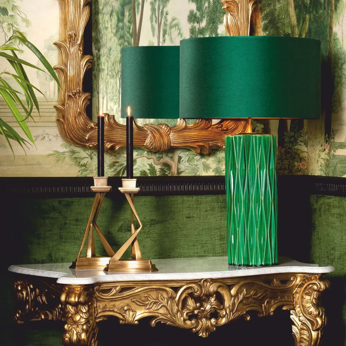 Luxury ceramic table lamp green / antique brass H. 88.5 cm