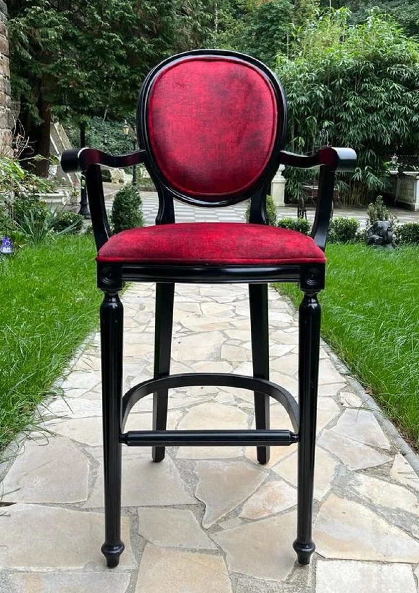 Baroque bar chair with armrests Bordeaux red / black - magnificent baroque style solid wood bar stool with elegant velvet fabric - baroque bar furniture