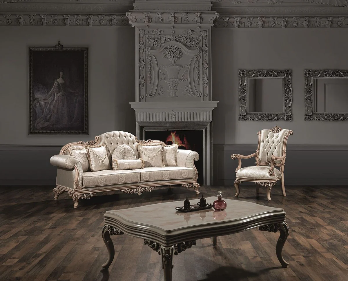 Luxury baroque sofa with glittering stones and decorative cushions silver / cream / beige 230 x 90 x H. 110 cm - magnificent living room sofa