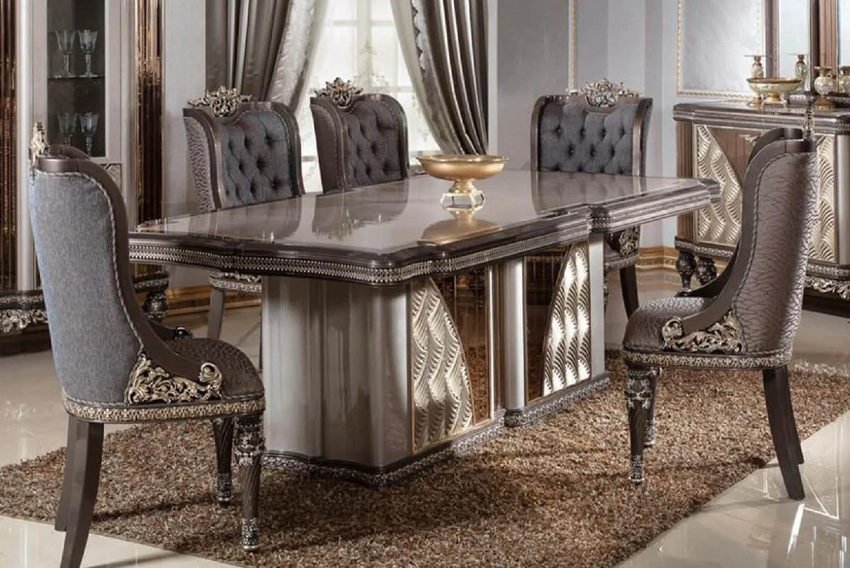Luxury Baroque Dining Room Set Blue / Gray / Dark Brown / Gold - 1 Baroque Dining Table & 6 Baroque Dining Chairs - Luxury Dining Room Furniture in Baroque Style - Baroque Furniture - Noble & Magnificent