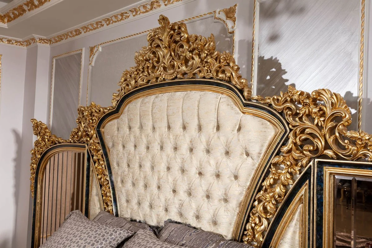Luxury baroque double bed gold / white / blue / gold - magnificent solid wood bed with mirrored headboard - bedroom furniture in baroque style - noble and magnificent