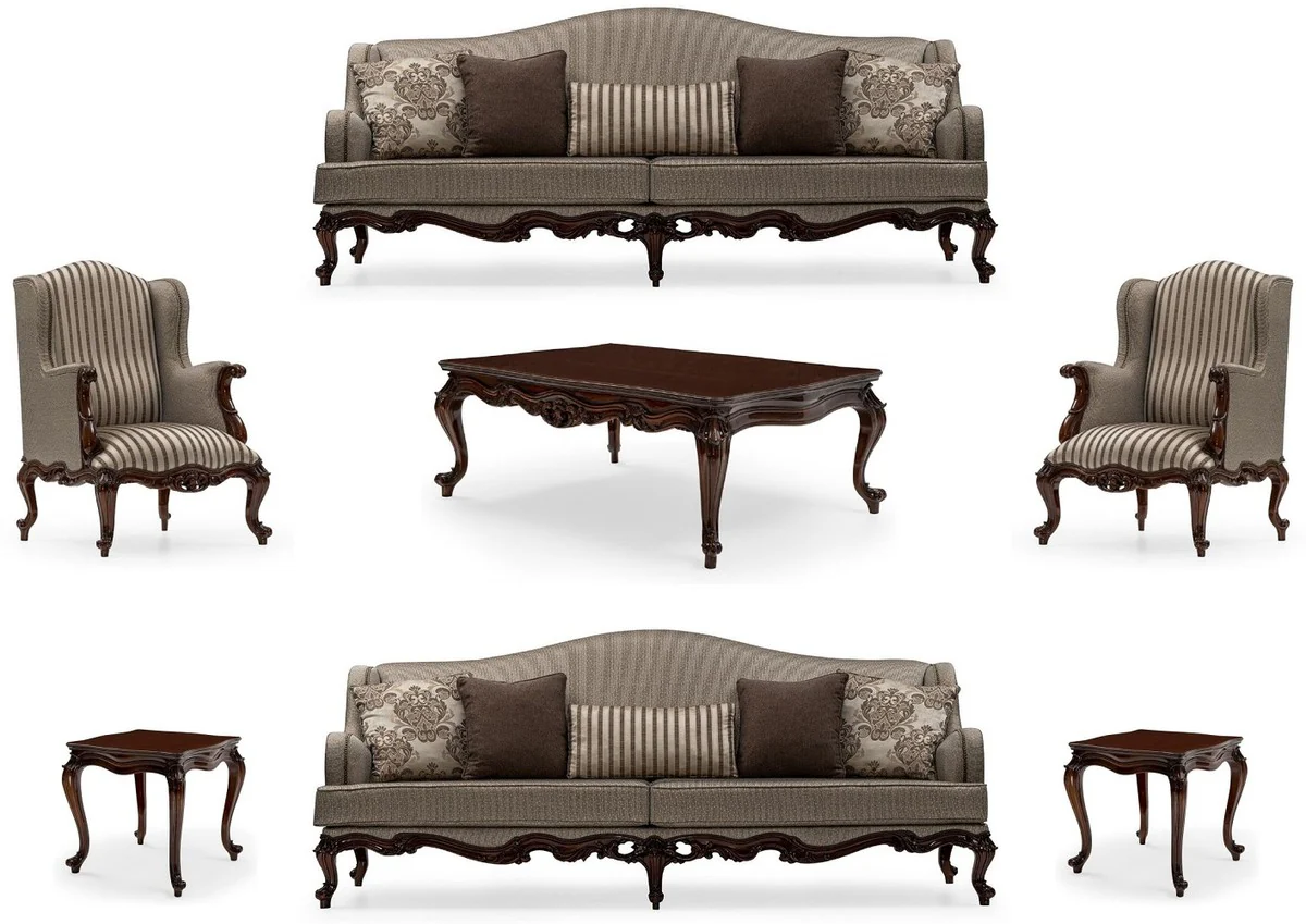 Luxus Barock Wohnzimmer Set Silber / Braun - 2 Sofas & 2 Sessel & 1 Couchtisch & 2 Beistelltische - Handgefertigte Wohnzimmer Möbel im Barockstil - Edel & Prunkvoll