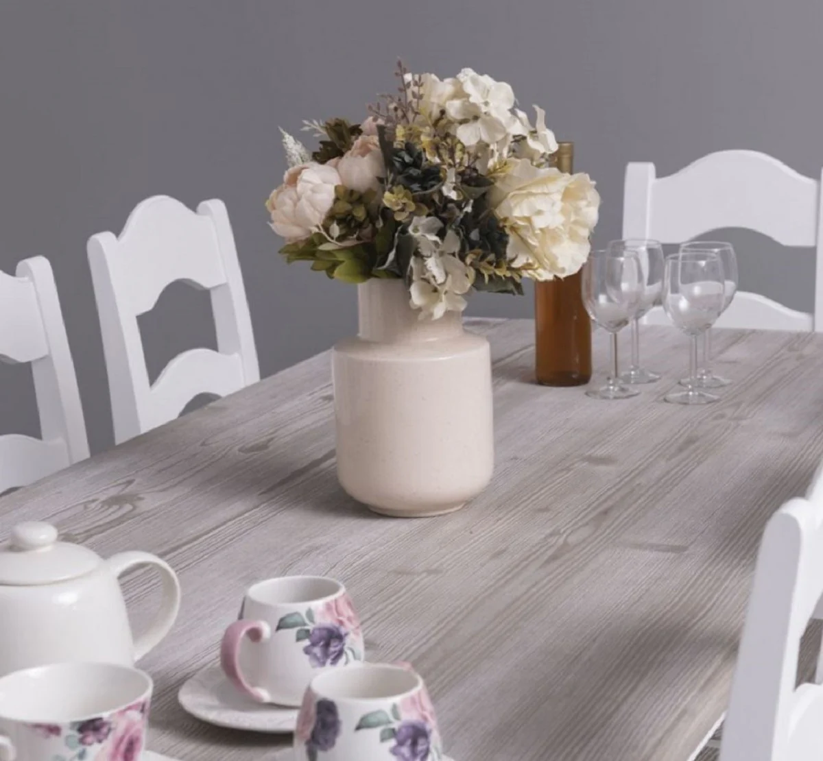 Country house style dining room furniture set white / natural colors - 1 country house style dining table & 8 country house style dining room chairs - solid wood dining room furniture - country house style dining room furniture