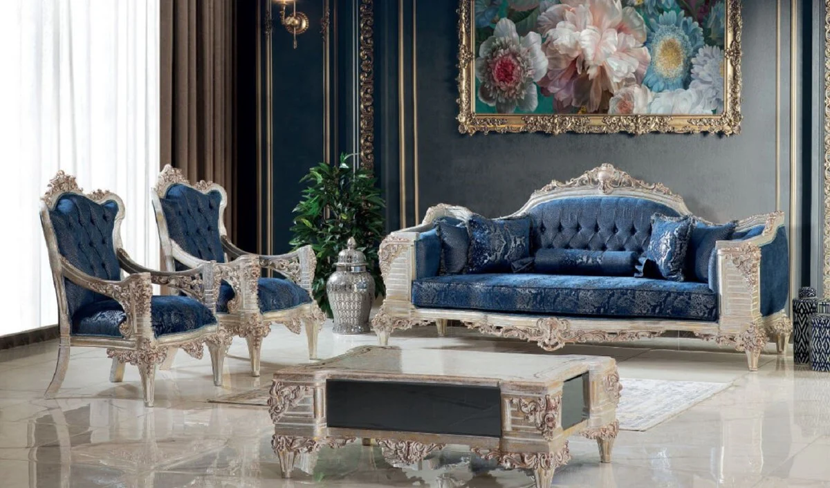 Luxury baroque sofa blue / cream / copper / gold 245 x 100 x H. 115 cm - magnificent living room sofa with an elegant pattern - furniture in the baroque style
