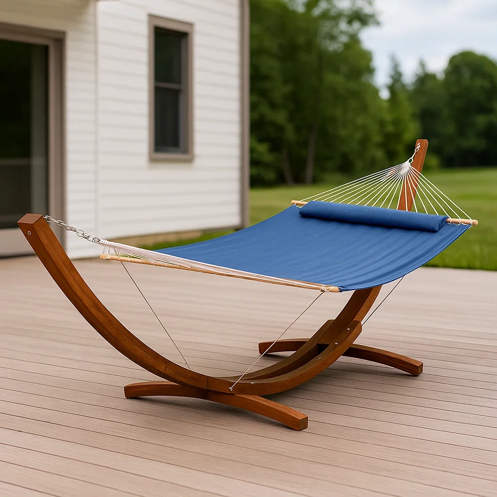 Gartenhängematte, blau, Polyester und Holz, für den Außenbereich, 314 x 118 x 124 cm