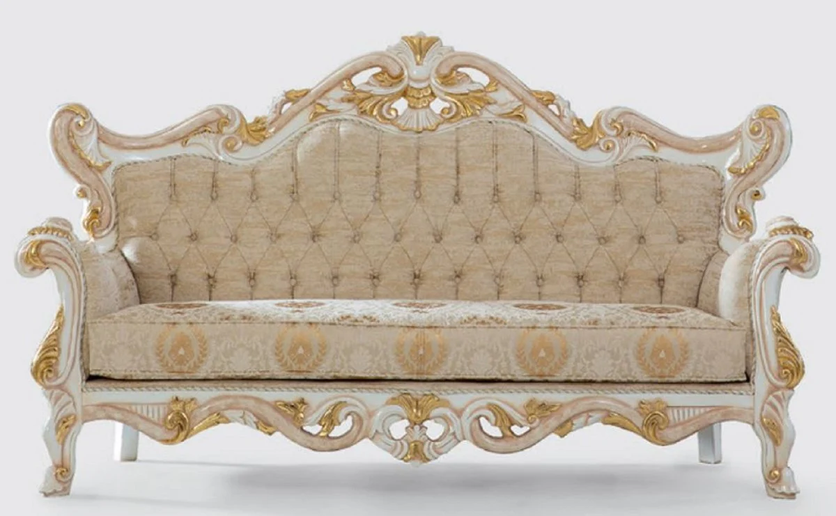 Luxus Barock Wohnzimmer Set Beige / Weiß / Gold - 2 Sofas & 2 Sessel & 1 Couchtisch - Handgefertigte Wohnzimmer Möbel im Barockstil - Edel & Prunkvoll