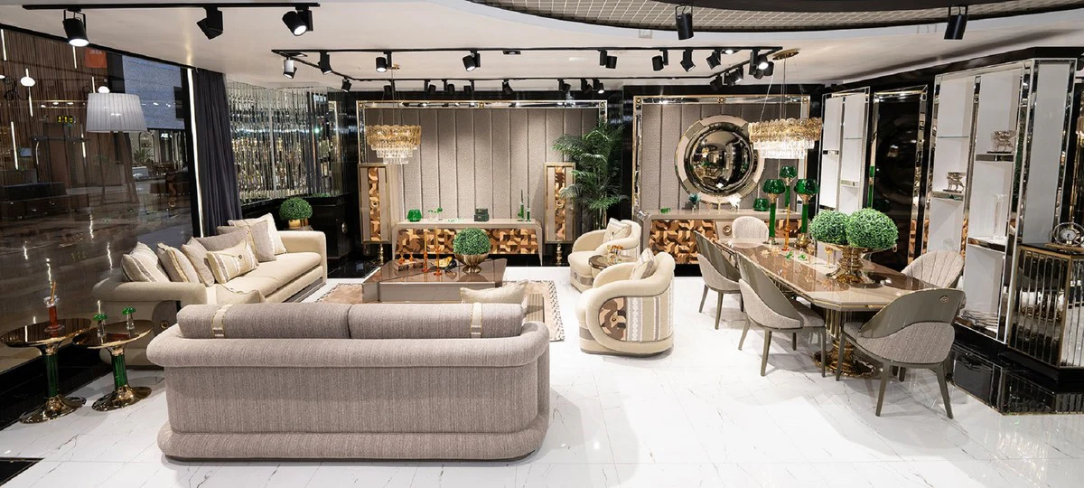 Luxus Sofa Creme / Braun / Grau / Gold - Wohnzimmer Sofa - Hotel Sofa - Wohnzimmer Möbel - Hotel Möbel - Luxus Möbel