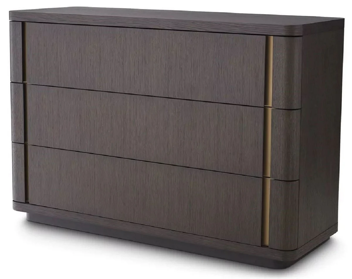 Luxury solid wood chest of drawers with 3 drawers mocha / brass 140 x 52 x H. 95 cm - Bedroom chest of drawers - Bedroom furniture - Luxury furniture - Luxury furnishings - Luxury furniture