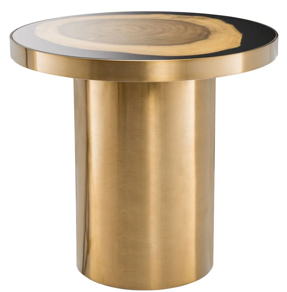 Luxury side table brass / black / brown Ø 55 x H. 51 cm - Round stainless steel table with Suar wood tree disc - Luxury furniture