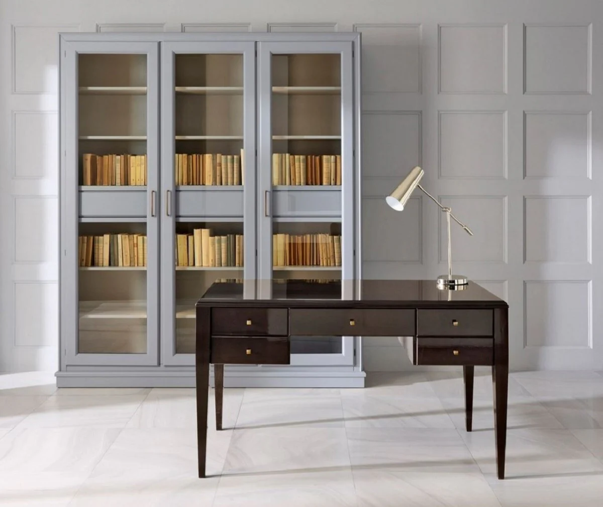 Luxury bookcase with 3 doors and LED lighting gray 200 x 45 x H. 230 cm - solid wood cabinet - living room cabinet - shelf cabinet - office cabinet - luxury furniture - luxury furnishings
