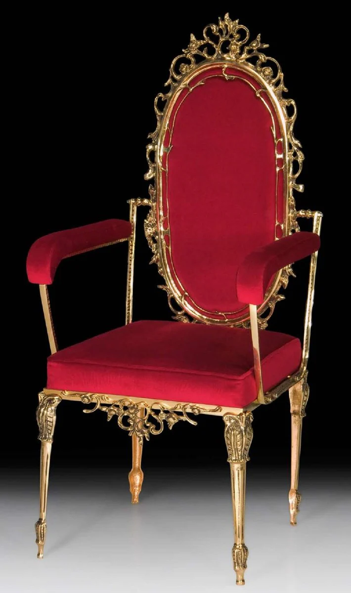 Luxury Baroque Dining Room Chair Bordeaux Red / Gold - Handmade Bronze Chair with Armrests and Elegant Velvet Fabric - Luxury Dining Room Furniture in Baroque Style - Baroque Furniture