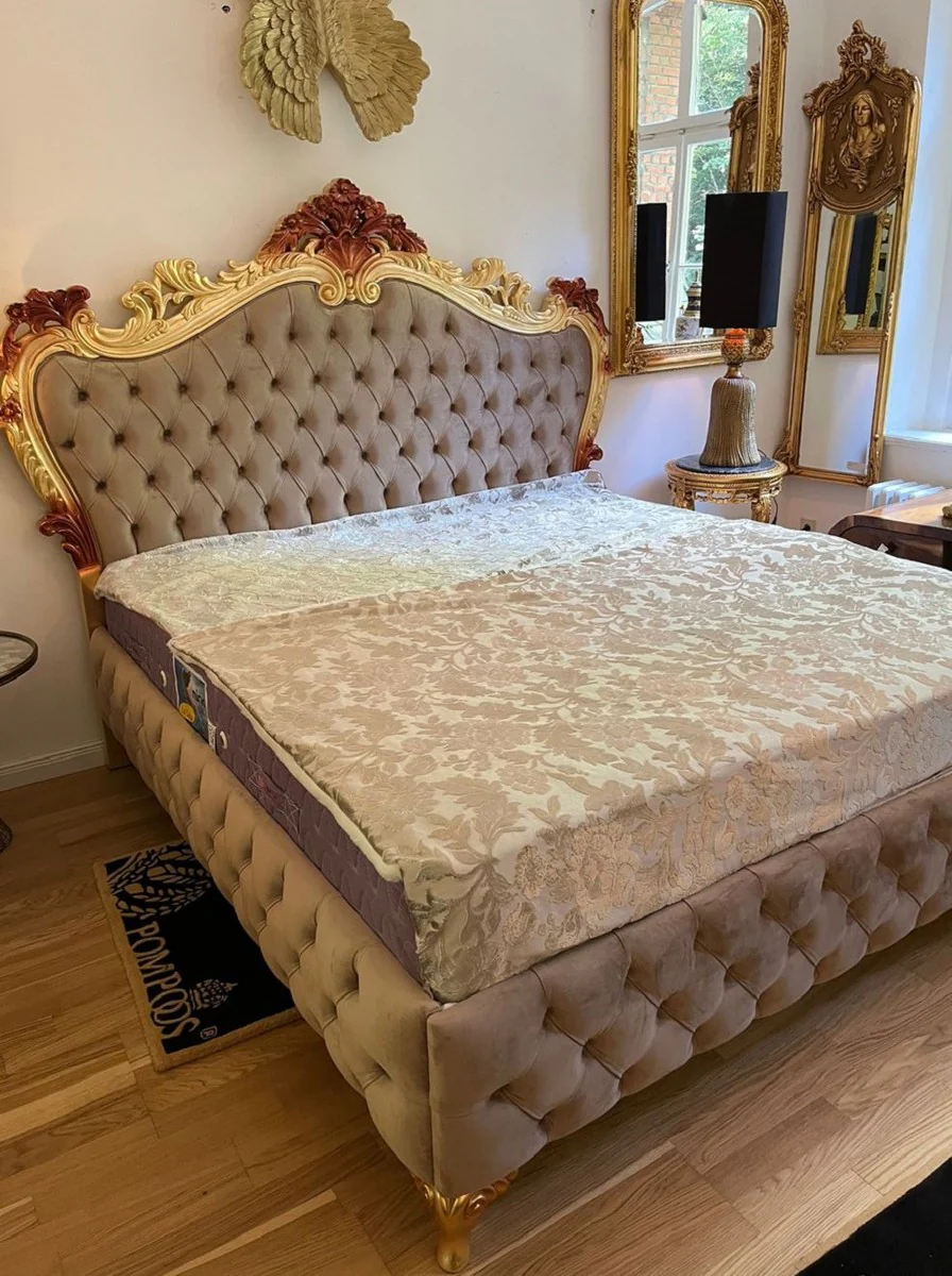 Luxury baroque double bed with mattress gray / gold / brown - magnificent solid wood bed - luxury bedroom furniture in baroque style - baroque furniture - noble & magnificent