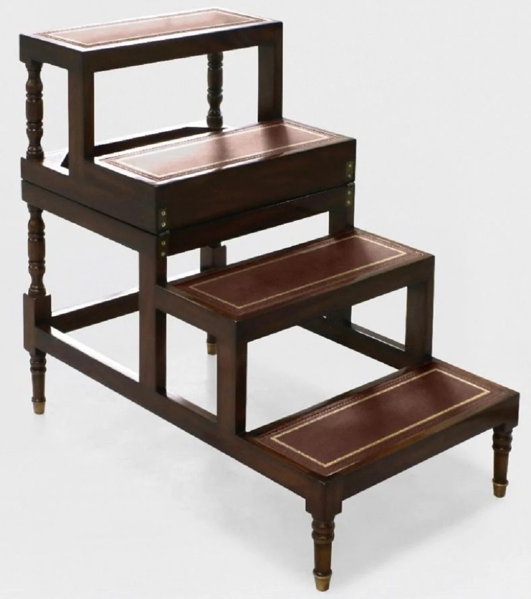 Luxury Art Nouveau coffee table dark brown / burgundy red / gold - fold-out solid wood library stairs with real leather - Art Nouveau living room furniture - noble & magnificent