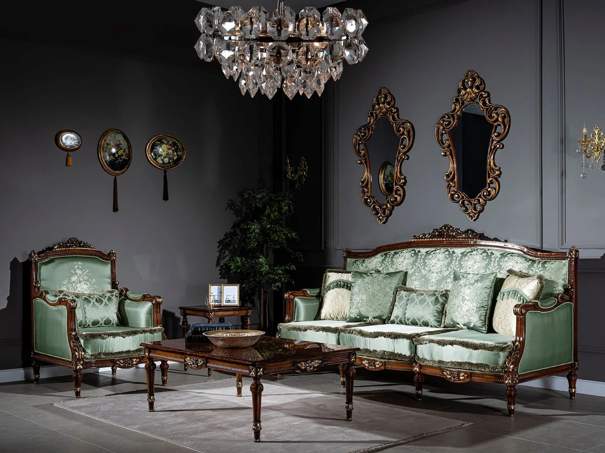 Luxury baroque sofa light green / brown 227 x 90 x H. 126 cm - living room sofa with decorative pillows - baroque furniture