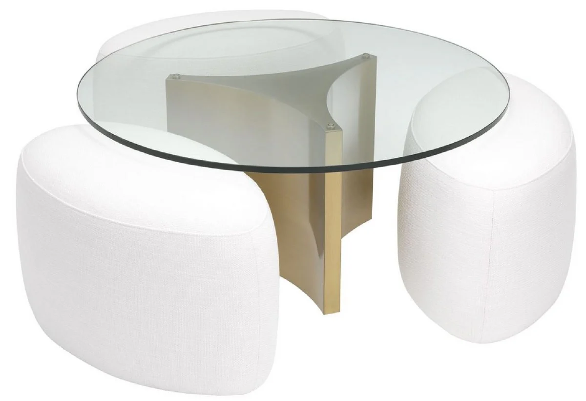 Luxury coffee table white / antique brass Ø 104 x H. 46.5 cm - Round stainless steel living room table with glass top and 3 elegant stools - Living room furniture - Luxury furniture