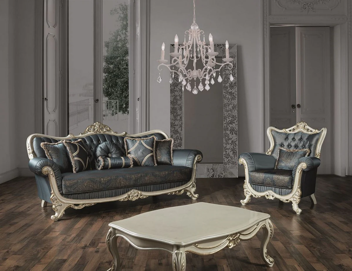 Luxury baroque living room sofa with rhinestones and decorative cushions blue / cream / gold 240 x 95 x H. 105 cm - Noble couch in baroque style
