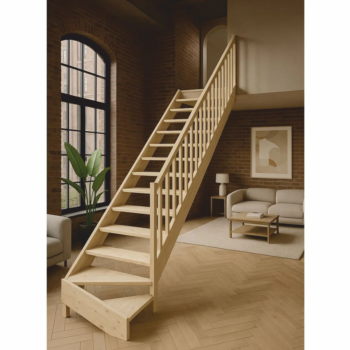 Luxury corner wooden staircase with railing right side natural color H. 364 cm