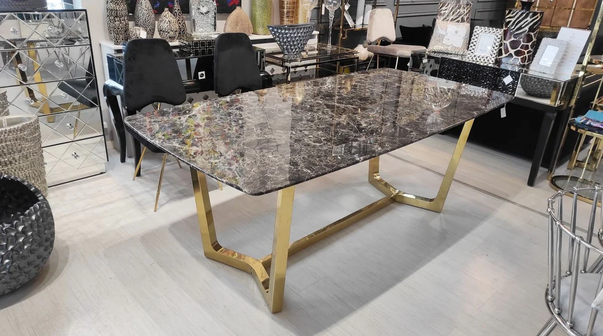 Luxury dining table brown / gold 200 x 100 x H. 75 cm - Dining room table with artificial marble table top - Dining room furniture - Luxury furniture - Luxury furnishings