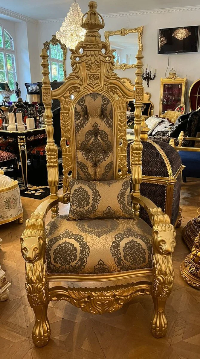 Pompöös by Luxus Barock Thron Sessel Krone Gold / Grau / Gold - designed by Harald Glööckler
