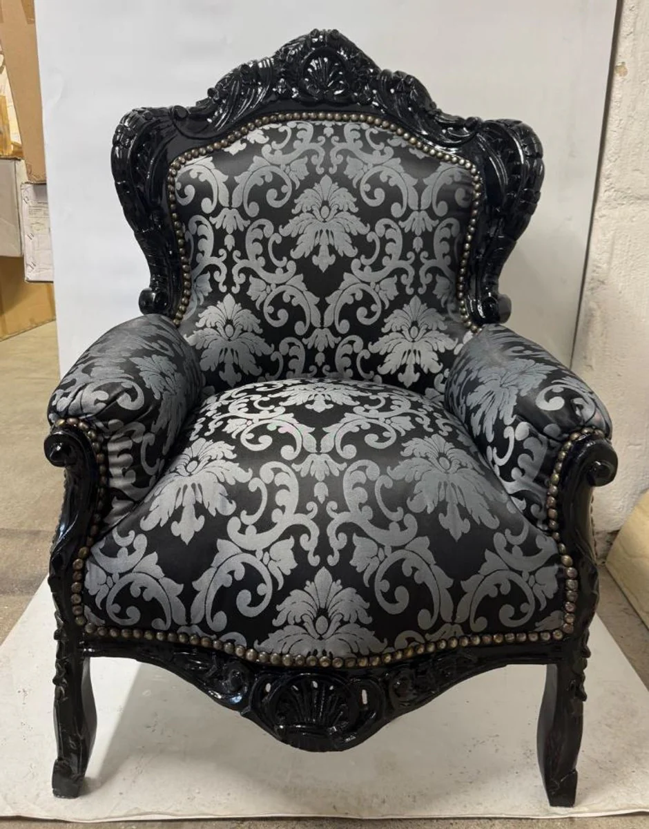 Barock Wohnzimmer Silber Muster / Schwarz - Antik Stil Möbel