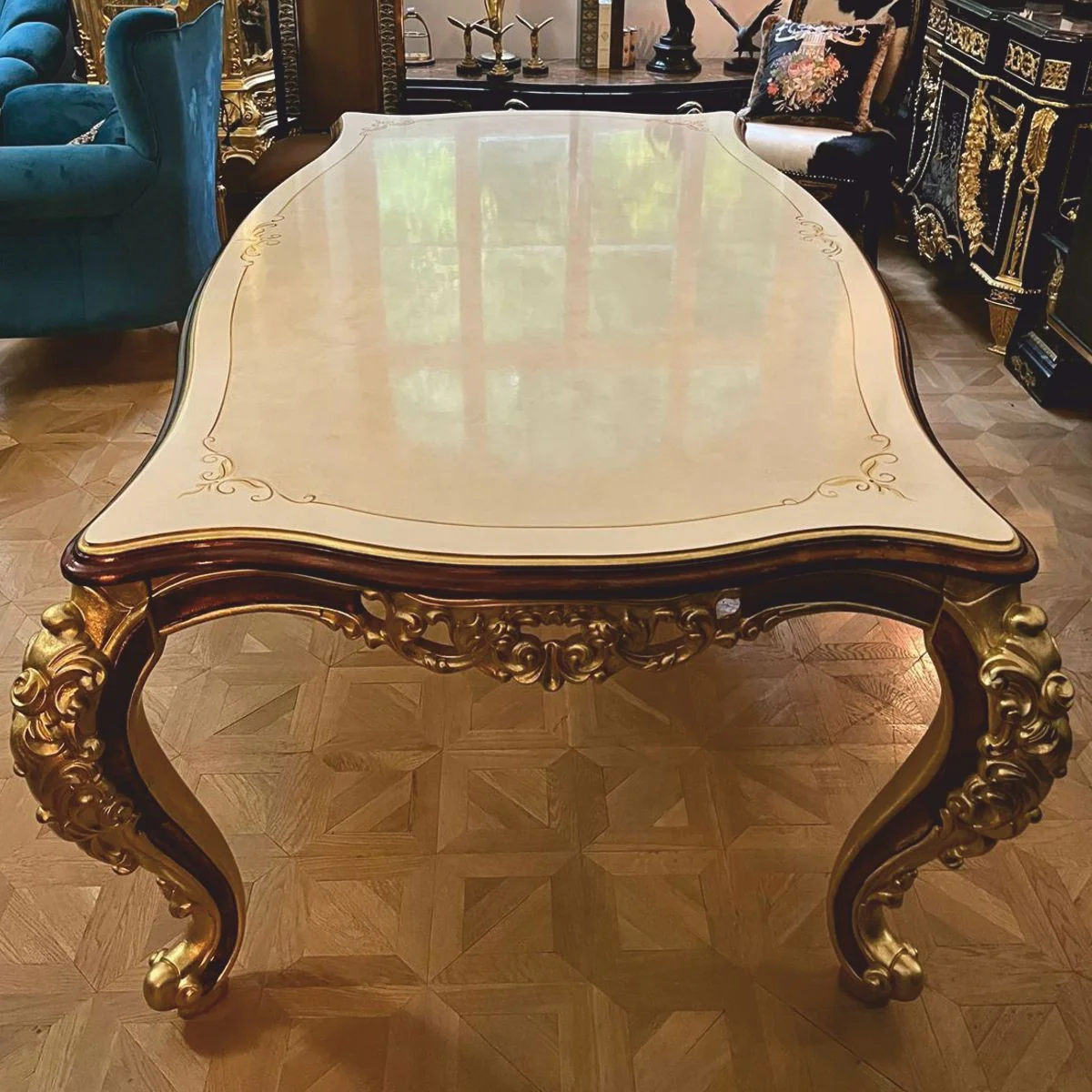 Luxury Baroque Dining Table Cream / Gold / Brown 225 cm - Baroque Dining Room Furniture