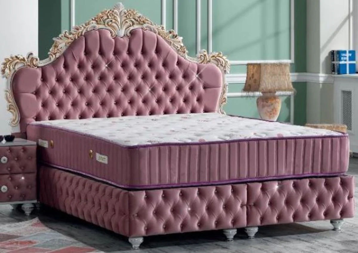 Baroque double bed pink / white / antique gold - magnificent velvet bed with rhinestones and mattress - bedroom set in baroque style