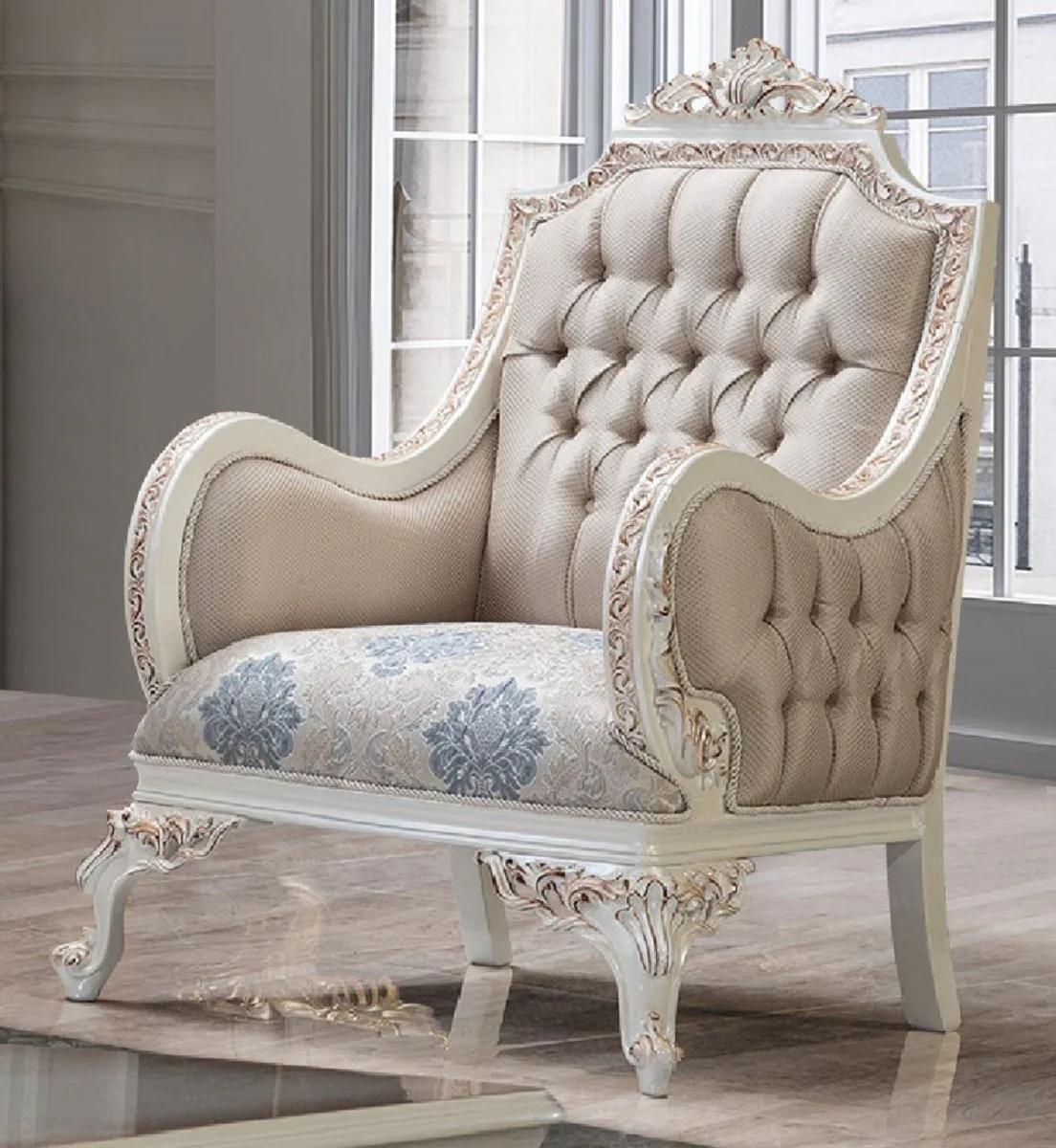 Luxury Baroque Living Room Set Multicolored / Cream White / Copper - 2 Baroque Sofas & 2 Baroque Armchairs & 1 Baroque Coffee Table - Luxury Living Room Furniture in Baroque Style - Baroque Furniture