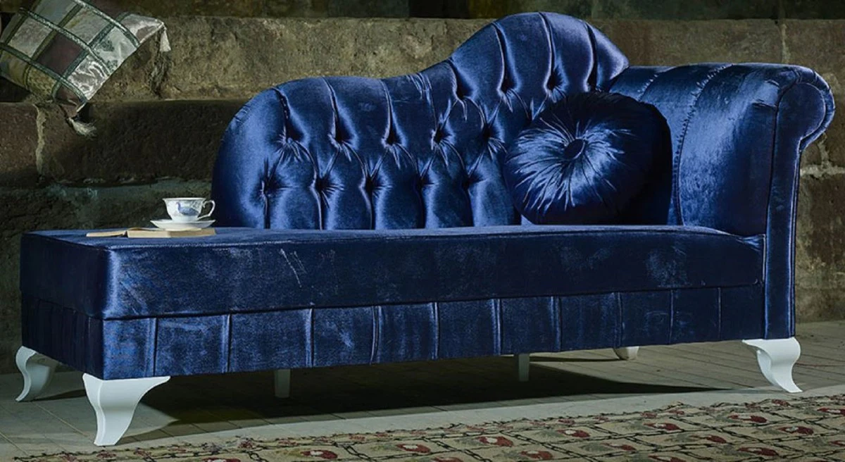 Luxury Baroque Chaise Longue Blue / White - Handcrafted solid wood chaise longue with elegant velvet fabric and decorative cushions - Baroque furniture - Noble & magnificent