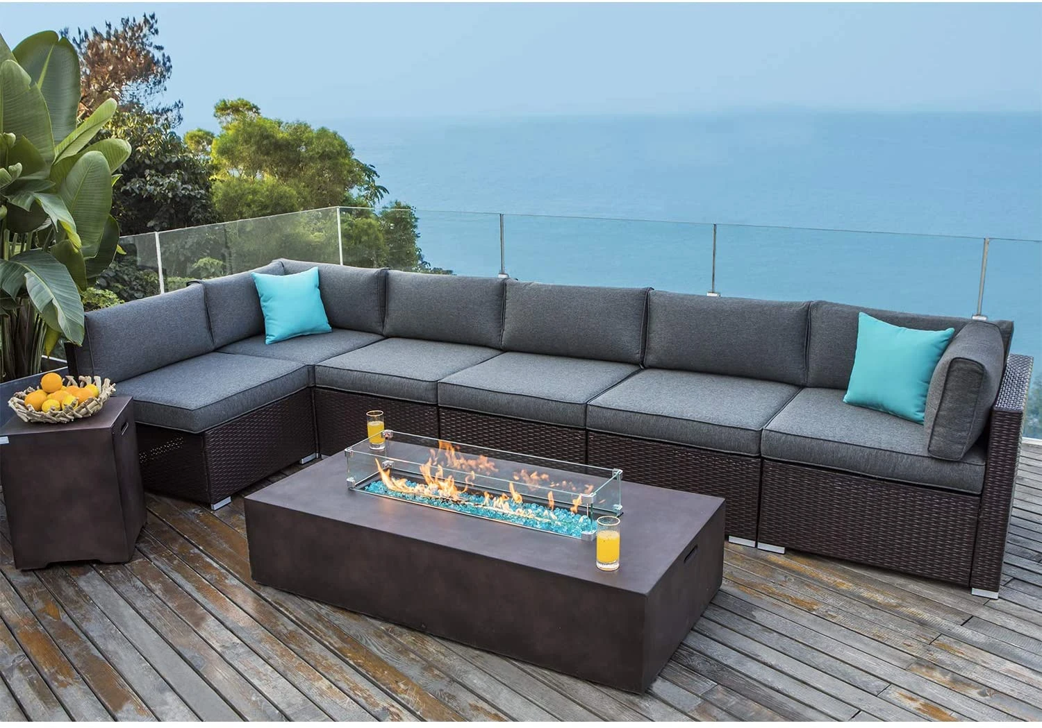 COSIEST 8 Piece Outdoor Wicker Sectional Sofa w Fire Pit Tisch,Chocolate Brown Patio Furniture Set mit 56 x 28 Zoll Rechteck Bronze Feuertisch (50.000 BTU) und Tank Outside(20lb) für Garten