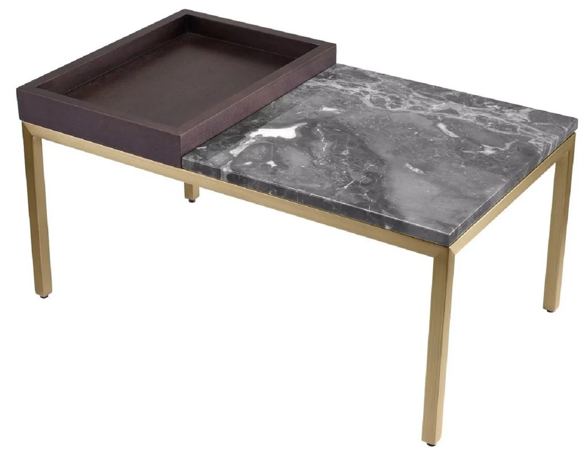 Luxury side table brass / brown / gray 70 x 40 x H. 35 cm - Rectangular brass table with walnut veneer and marble top - Living room furniture - Luxury furniture - Luxury furnishings