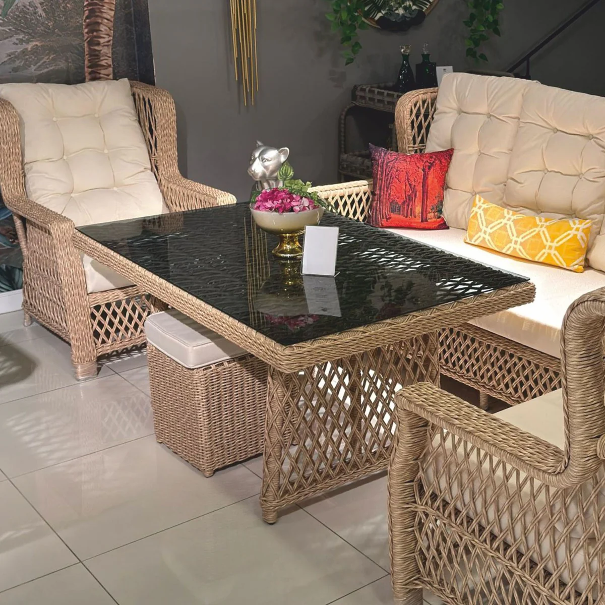 Luxus Rattan Garten Esstisch mit Glasplatte Naturfarben / Grau 200 cm