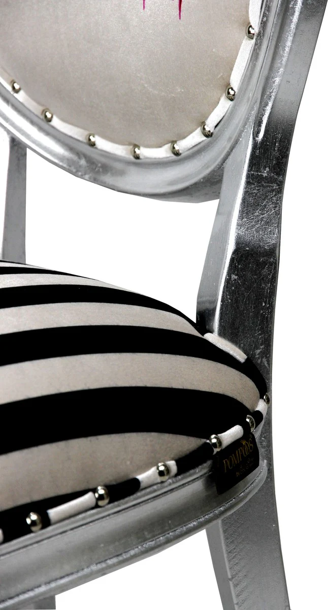 Pompöös by Luxury Baroque Dining Room Chair Black / White Stripes / Silver - Pink Lips - Pompööser Baroque Chair designed by Harald Glööckler