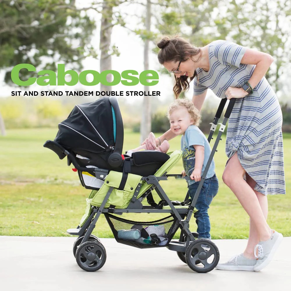 Caboose Sitz- und Stand-Doppelkinderwagen mit Rücksitzbank und Stehplattform, 3-Wege-Liegesitzen, optionalem Rücksitz und universellem Autositzadapter (schwarz)