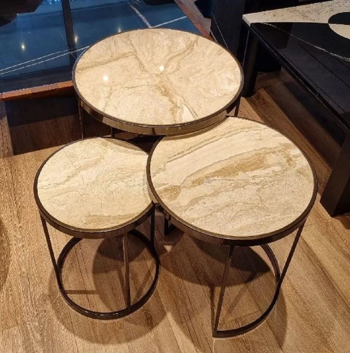 Luxury side table set beige / brass - 3 round metal tables with marble top - living room furniture - hotel furniture - luxury furniture - luxury furnishings - furniture luxury