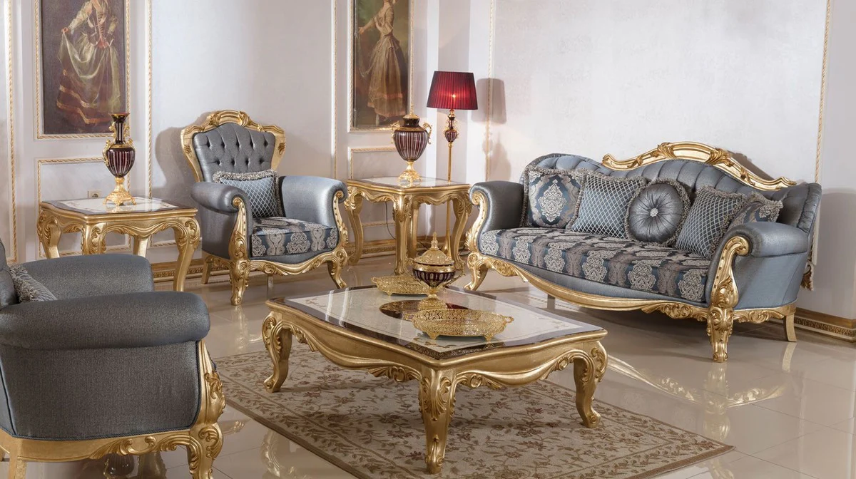 Luxury Baroque Sofa Blue / Gold - Handmade Baroque Style Living Room Sofa with Elegant Pattern - Baroque Living Room Furniture - Noble & Magnificent
