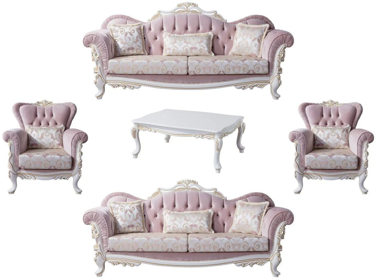 Luxus Barock Wohnzimmer Set Rosa / Silber / Weiß / Gold - 2 Sofas & 2 Sessel & 1 Couchtisch - Edle Wohnzimmer Möbel im Barockstil
