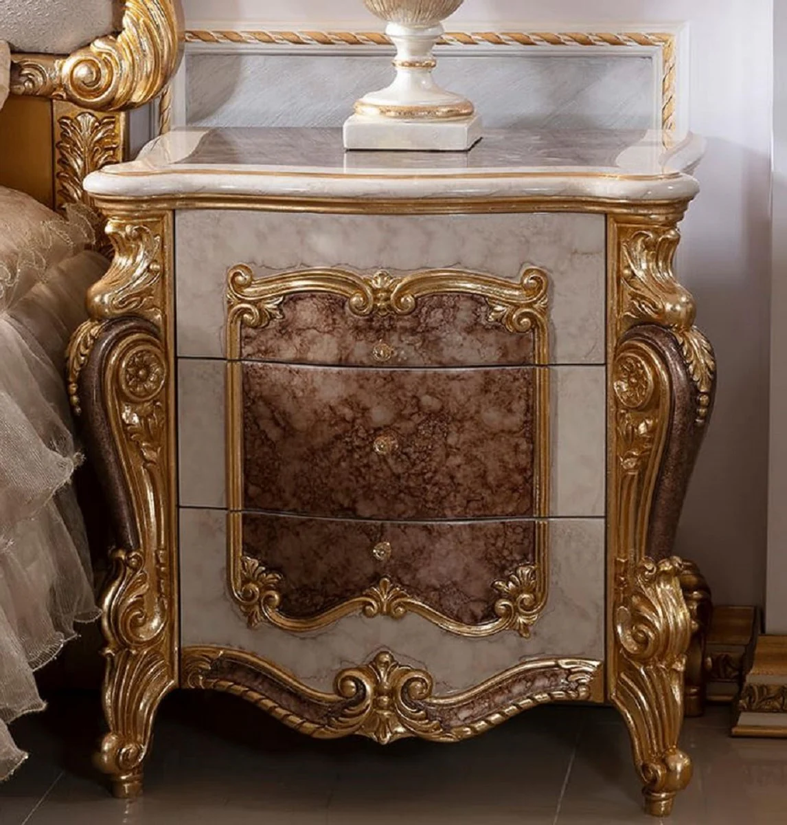 Luxury baroque night dresser with 3 drawers white / brown / gold