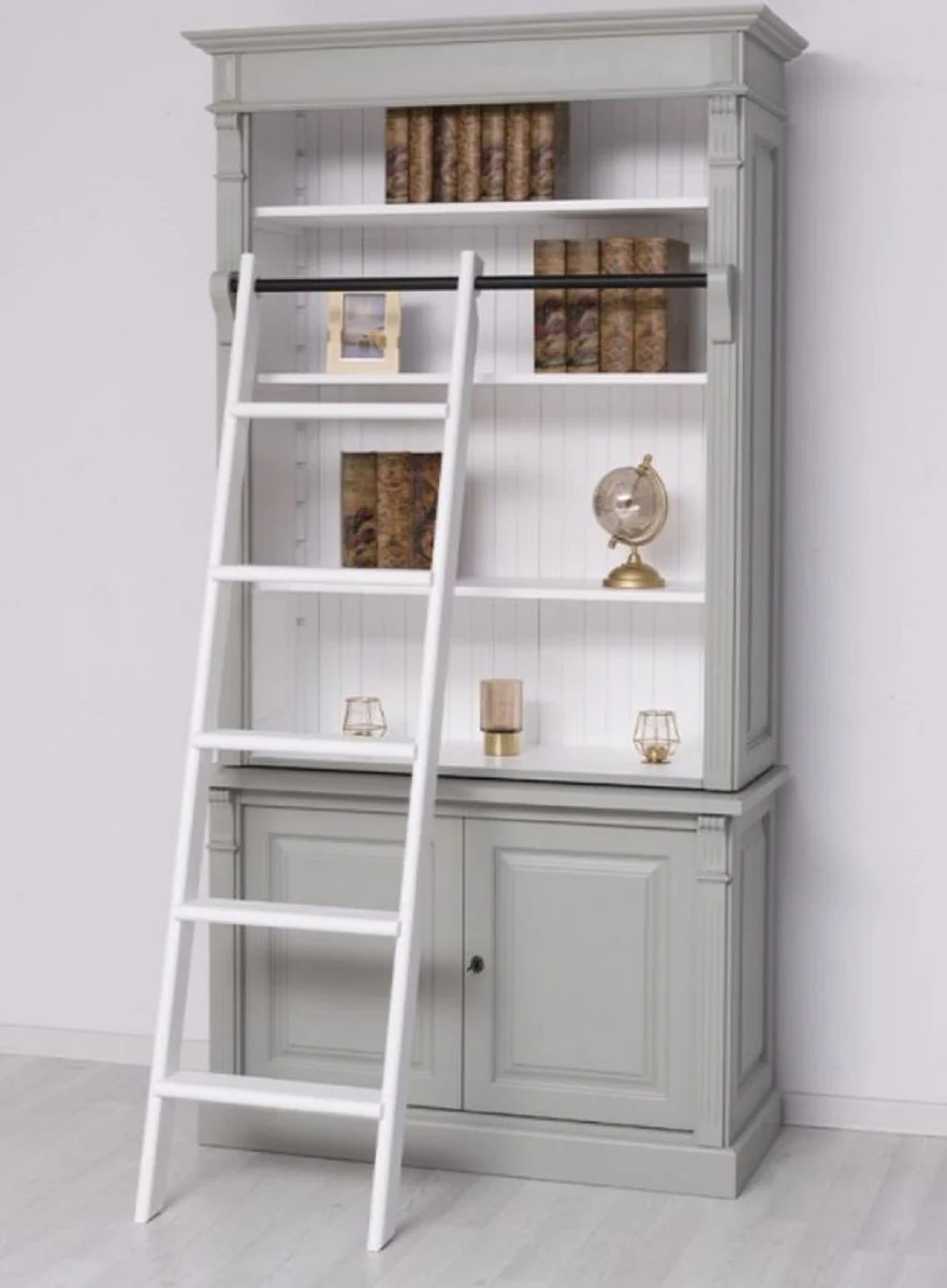 Country house style bookcase with ladder gray / white 120 x 51 x H. 228 cm - solid wood cabinet - shelf cabinet - living room cabinet - office cabinet - country house style furniture