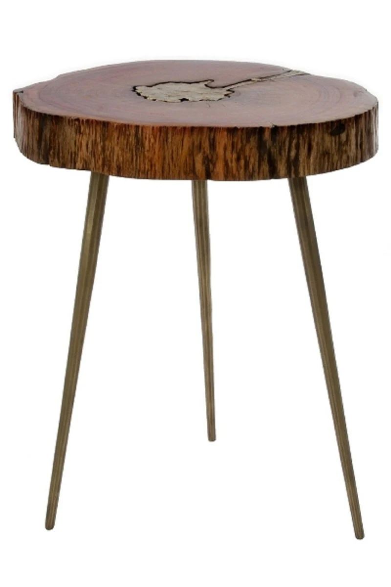 Luxury tripod side table brown / brass 28 x 36 x H. 46 cm - Modern table in tree slice design and brass filling