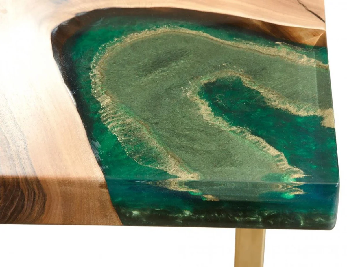 Luxury dining table natural colors / brown / green / gold 160 x 80 x H. 76 cm - Rectangular kitchen table with epoxy resin - Dining room furniture - Epoxy resin furniture - Luxury furniture