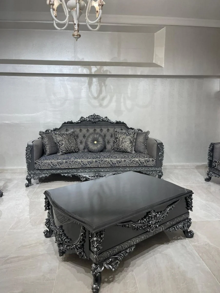 Luxury Baroque Living Room Set Gray / Silver - 2 Baroque Sofas & 2 Baroque Armchairs & 1 Baroque Coffee Table - Luxury Living Room Furniture in Baroque Style - Baroque Furniture - Noble & Ornate
