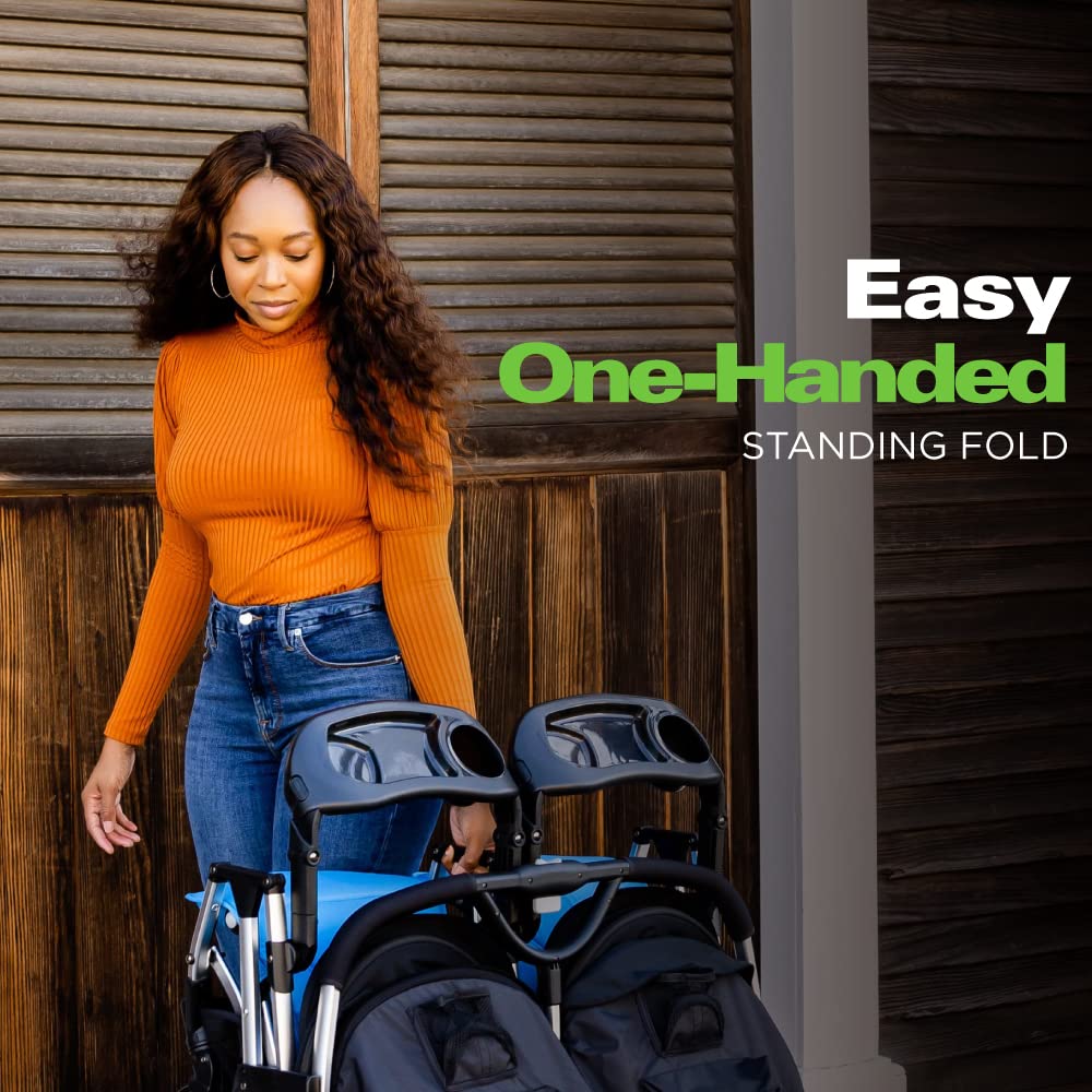 Side-by-Side-Doppelkinderwagen mit zwei Snack-Tabletts, einhändig klappbaren Sitzen, verstellbaren Liegesitzen, verstellbaren Beinstützen und 2 Reißverschlusstaschen zur Aufbewahrung, geschmiedetes Eisen