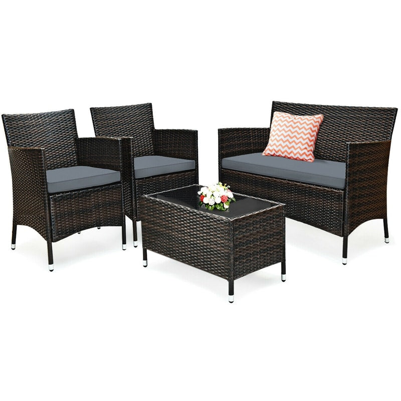 4 Pcs Outdoor Rattan Patio Conversation Set Wicker Furniture Set with Coffee Table and Cushion Sofas