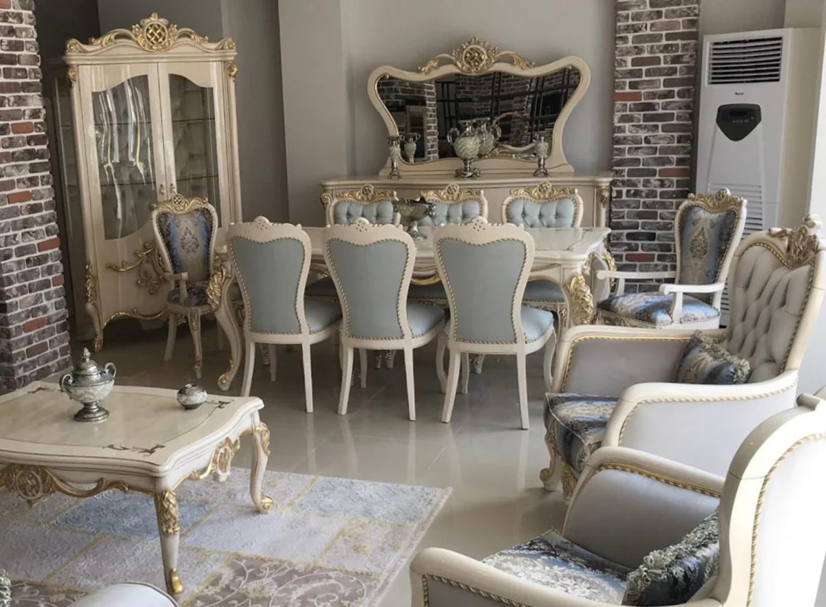 Luxury baroque dining room set light blue / dark blue / white / gold - 1 dining table & 8 dining room chairs - Magnificent dining room furniture in baroque style - luxury quality