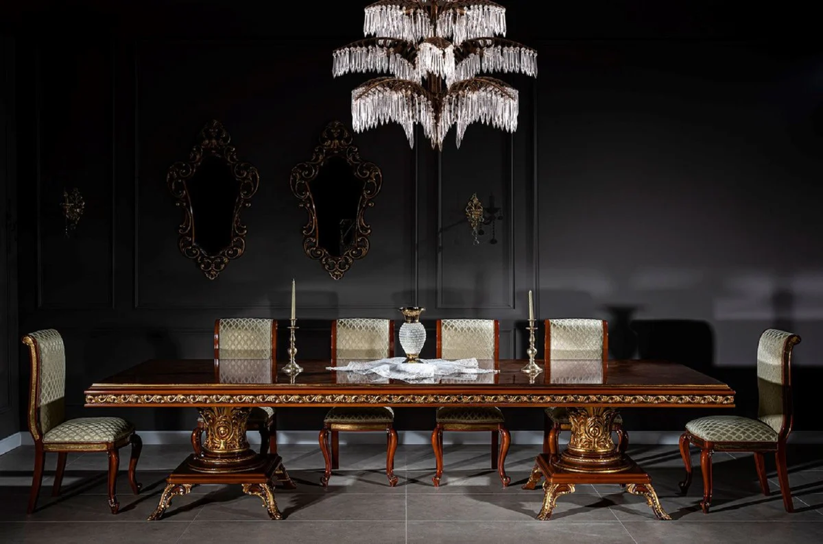 Luxury Baroque Dining Room Set Brown / Gold - 1 Huge Baroque Dining Table & 14 Baroque Dining Chairs - Baroque Dining Room Furniture - Luxury Furniture in Baroque Style - Noble & Magnificent