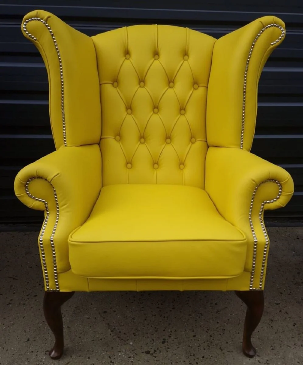 Luxury Chesterfield wing chair yellow / dark brown 98 x 90 x H. 110 cm - genuine leather Chesterfield living room armchair - living room furniture - Chesterfield furniture - luxury leather furniture