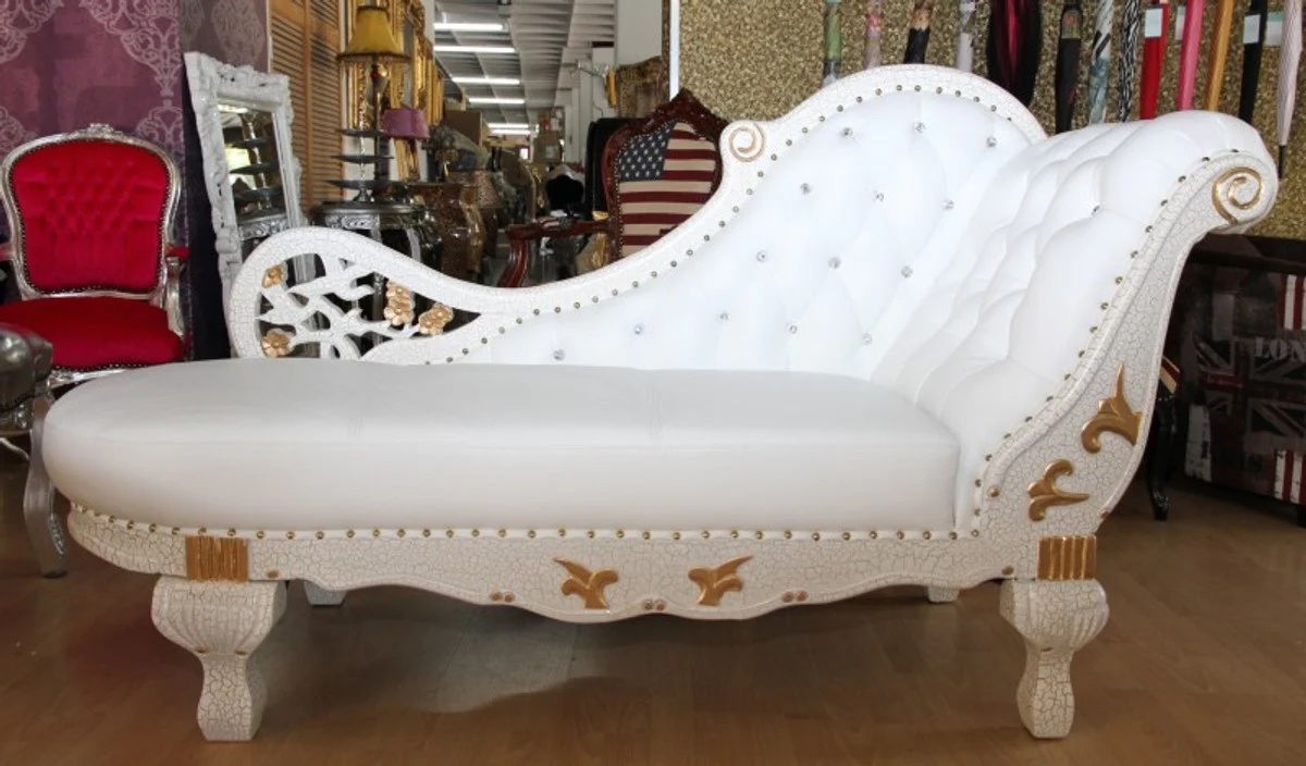 Baroque Chaise Longue White / Gold / Real Leather Chaise Lonque - Recamiere from the house - Lounger Sofa Living Room Furniture