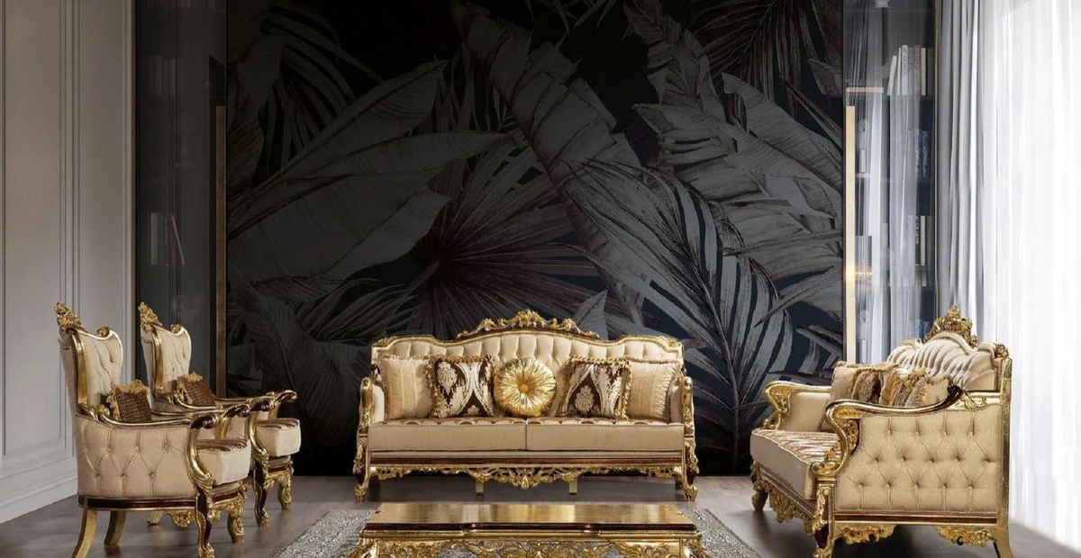 Luxury Baroque Sofa Beige / Brown / Gold - Magnificent Living Room Sofa with Pattern - Baroque Living Room Furniture